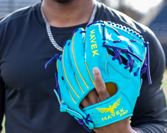 Person holding a blue Mavek baseball glove with visible branding.