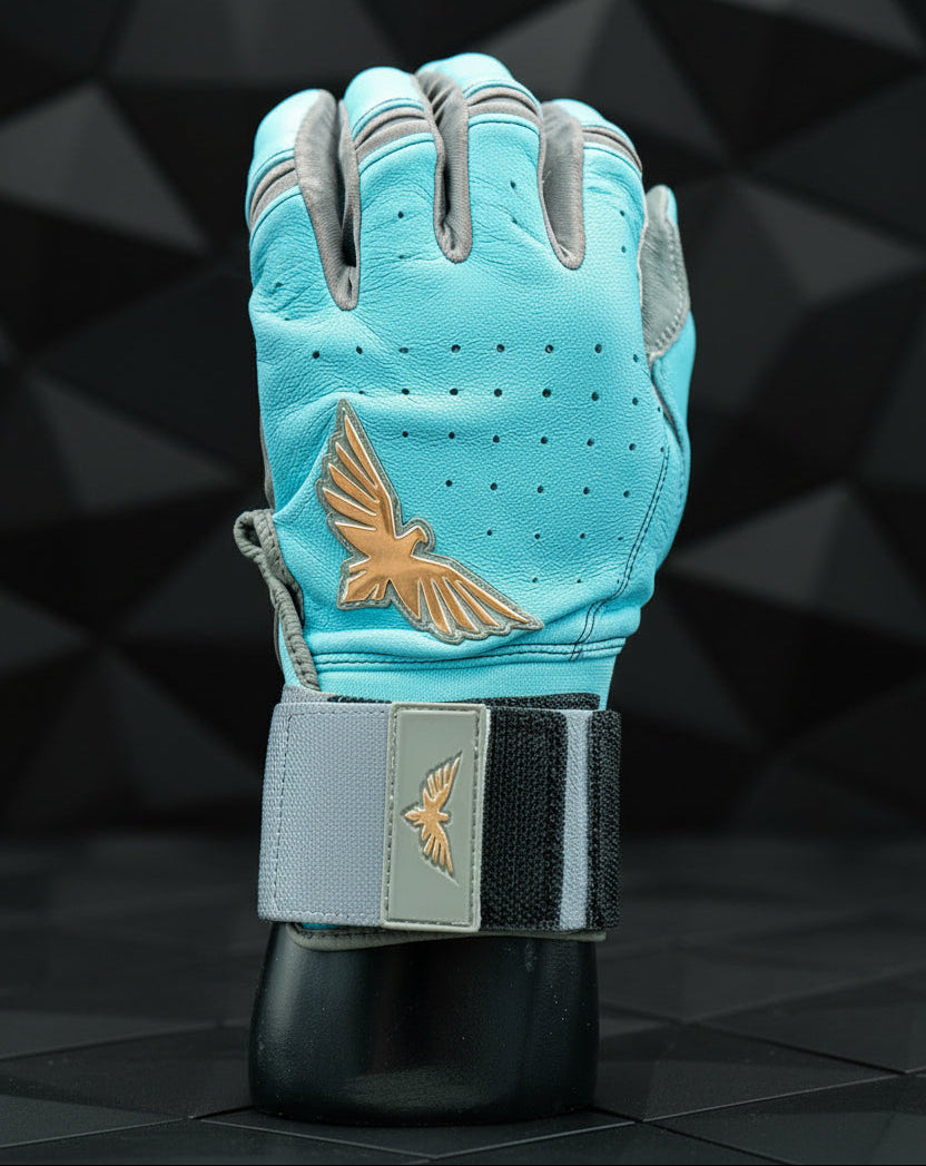 Baby blue and grey premium batting gloves