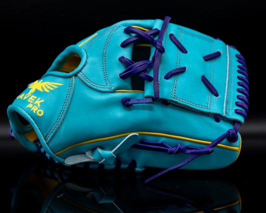 aqua baseball glove with purple laces on a black background