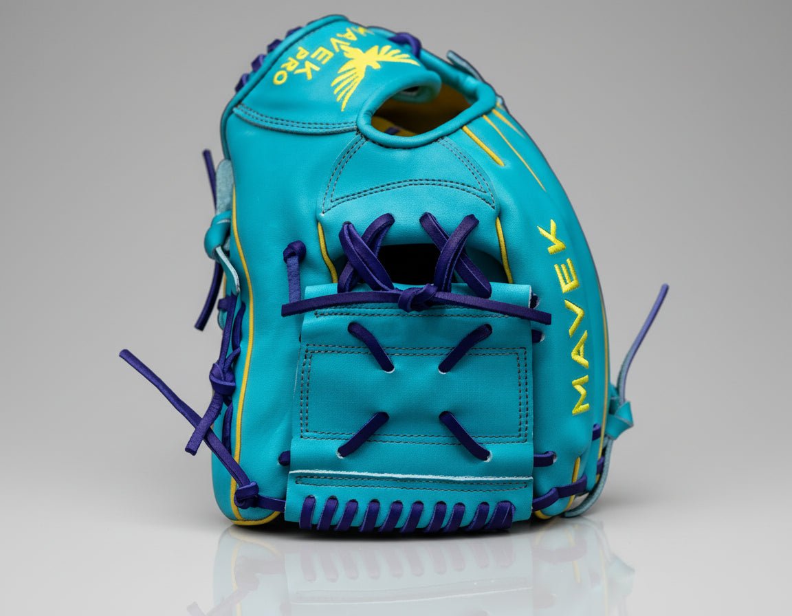 aqua baseball glove with purple stitching on a gray background