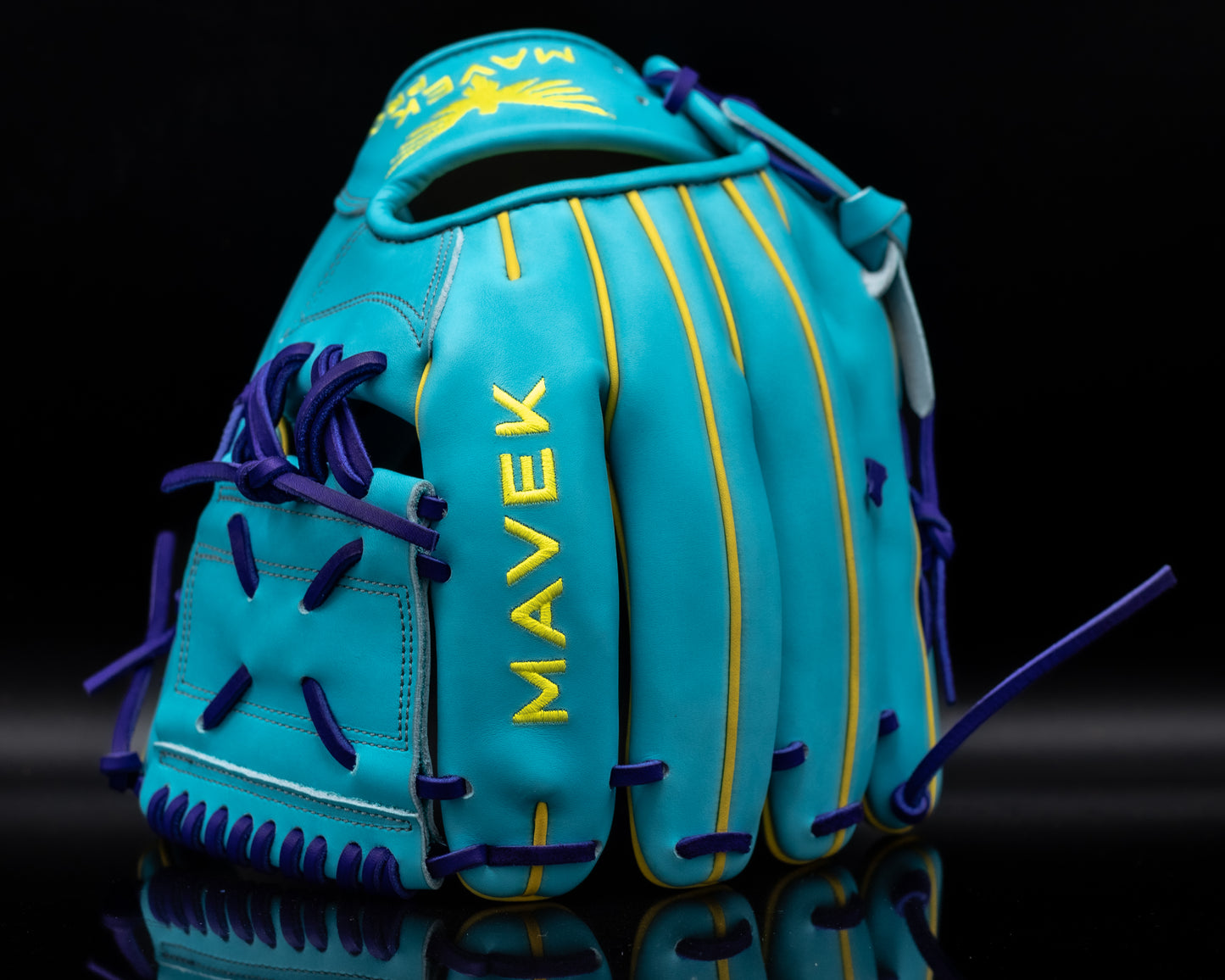 aqua baseball glove with yellow and purple accents on a black background